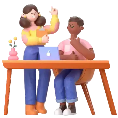 square_4_media Two cartoon-style people work together at a desk with a laptop; one is standing and speaking, the other is sitting and listening thoughtfully. media_agency square_4_media Two cartoon-style people work together at a desk with a laptop; one is standing and speaking, the other is sitting and listening thoughtfully. media_agency