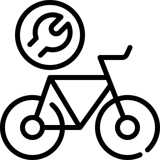 square_4_media Outline of a bicycle with a wrench inside a circle above it, representing bicycle repair or maintenance. media_agency