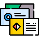 square_4_media Illustration of three overlapping ID cards or business cards with various designs, icons, and text elements. media_agency