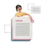 square_4_media 3D illustration of a person holding a large document with a plus sign, symbolizing adding or creating a new file, with other document icons in the background. media_agency