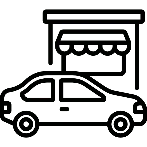 square_4_media Black and white line drawing of a car parked in front of a building with an awning, suggesting a drive-through or storefront service. media_agency