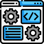 square_4_media Illustration of a web browser window with two gear icons, a code symbol, and a text box, representing web development or coding settings. media_agency