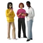 square_4_media Three animated figures stand together looking at their phones; one wears a yellow sweater, another a pink top, and the third a white shirt with blue pants. media_agency