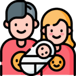 square_4_media Illustration of a smiling man and woman holding a swaddled baby, all wearing shirts with smiley faces. media_agency