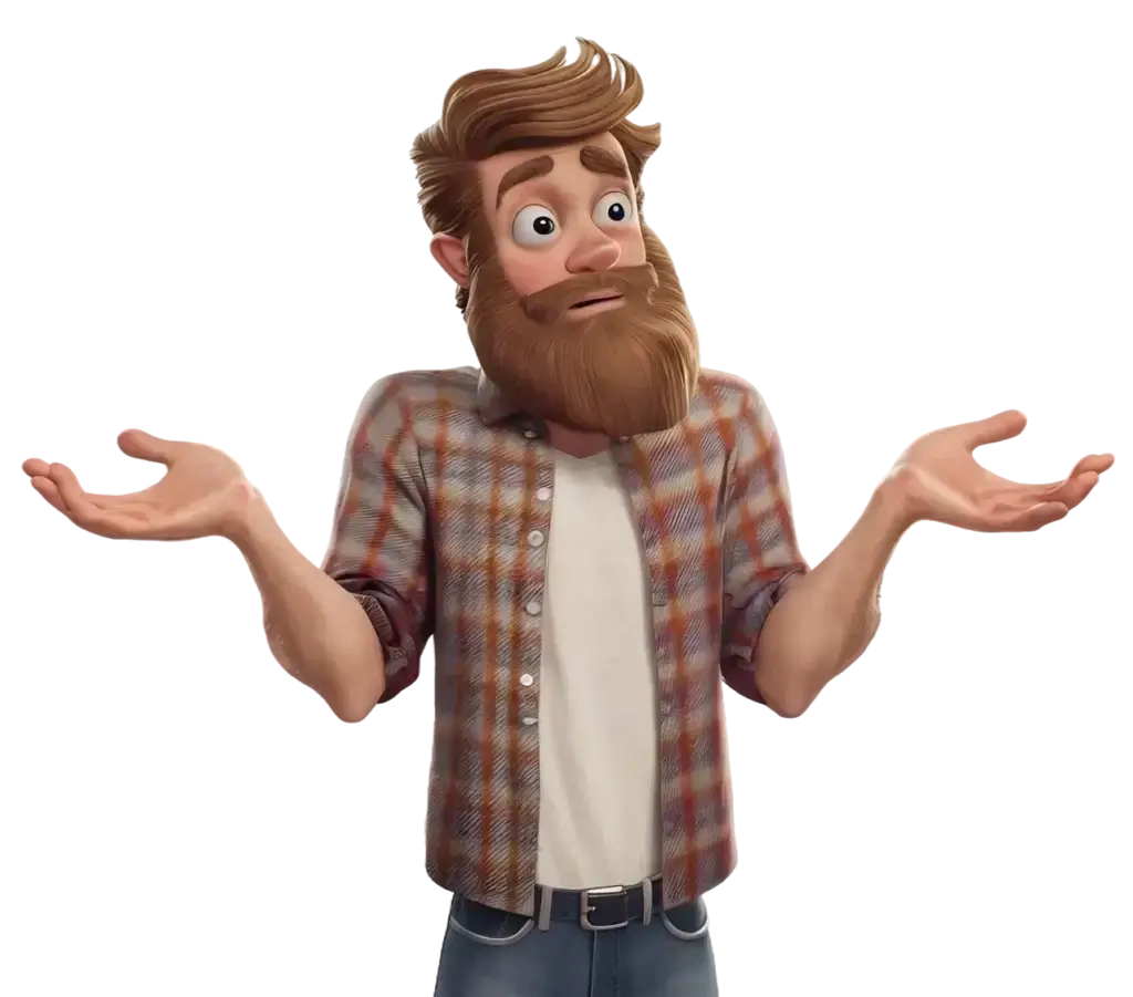 square_4_media 3D animated man with a beard, wearing a plaid shirt and jeans, shrugging with both hands raised and an uncertain facial expression. media_agency square_4_media 3D animated man with a beard, wearing a plaid shirt and jeans, shrugging with both hands raised and an uncertain facial expression. media_agency