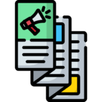 square_4_media Illustration of three stacked documents, with the top page displaying a megaphone icon and text lines, symbolizing marketing or promotional materials. media_agency