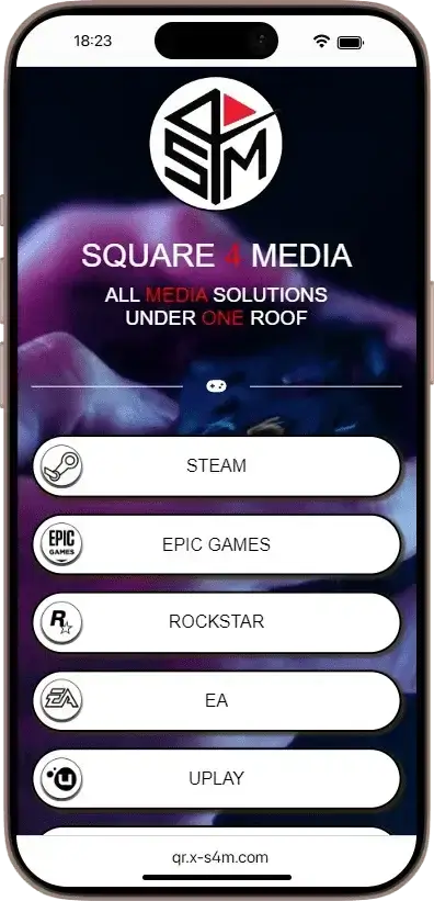 square_4_media Smartphone displaying the Square 4 Media website with options for Steam, Epic Games, Rockstar, EA, and Uplay services listed as buttons. media_agency square_4_media Smartphone displaying the Square 4 Media website with options for Steam, Epic Games, Rockstar, EA, and Uplay services listed as buttons. media_agency