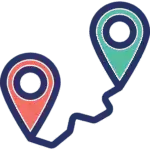 square_4_media Two map location pins connected by a winding line, one pin is red and the other is teal. media_agency