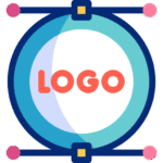 square_4_media A circular abstract design with the word "LOGO" in bold red letters at the center, surrounded by blue and teal shapes and geometric accents. media_agency