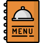square_4_media Illustration of an orange restaurant menu with a cloche food cover icon on the front and the word "MENU" written below it. media_agency
