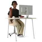 square_4_media 3D illustration of a person wearing a headset, sitting at a desk with a computer monitor, keyboard, and mouse, appearing to interact or work online. media_agency