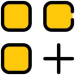 square_4_media Four icons arranged in a 2x2 grid: three yellow rounded squares with varying border gaps, and one black plus sign in the bottom right. media_agency