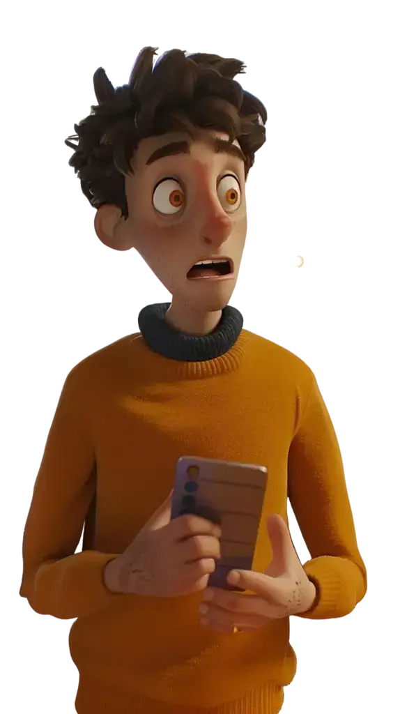 square_4_media Animated character with messy brown hair wearing an orange sweater holds a smartphone and looks surprised with wide eyes and open mouth. media_agency square_4_media Animated character with messy brown hair wearing an orange sweater holds a smartphone and looks surprised with wide eyes and open mouth. media_agency