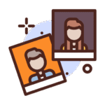 square_4_media Two illustrated polaroid-style photos, one showing a person with short hair on an orange background, and the other showing a person with long hair on a purple background. media_agency