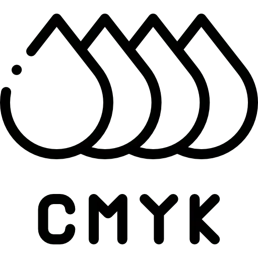 square_4_media Four droplet outlines in a row above the letters "CMYK," representing the cyan, magenta, yellow, and black color model used in printing. media_agency