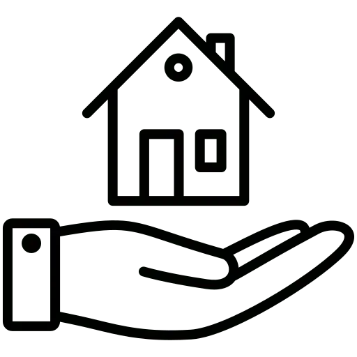 square_4_media A simple black outline of a hand holding a house, symbolizing real estate, home ownership, or property care. media_agency