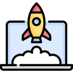 square_4_media A cartoon rocket ship launching from a laptop screen with smoke clouds at the base. media_agency