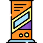 square_4_media Icon of an orange vending machine with a rectangular window, buttons, and simple graphic details in black, blue, and purple. media_agency