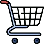 square_4_media Illustration of an empty shopping cart with a black basket, blue frame, and a red handle. media_agency