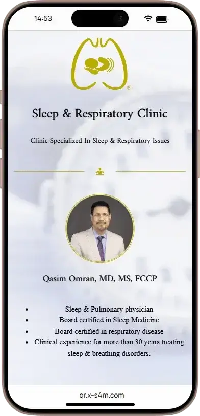 square_4_media Mobile screen displaying a Sleep & Respiratory Clinic profile for Qasim Omran, MD, listing his qualifications and specialties in sleep and respiratory medicine. media_agency