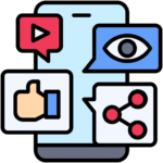 square_4_media A smartphone with icons representing video, visibility, thumbs up, and sharing, symbolizing social media interaction and engagement. media_agency