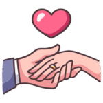 square_4_media Illustration of two hands holding, one wearing a wedding ring, with a pink heart above them. media_agency