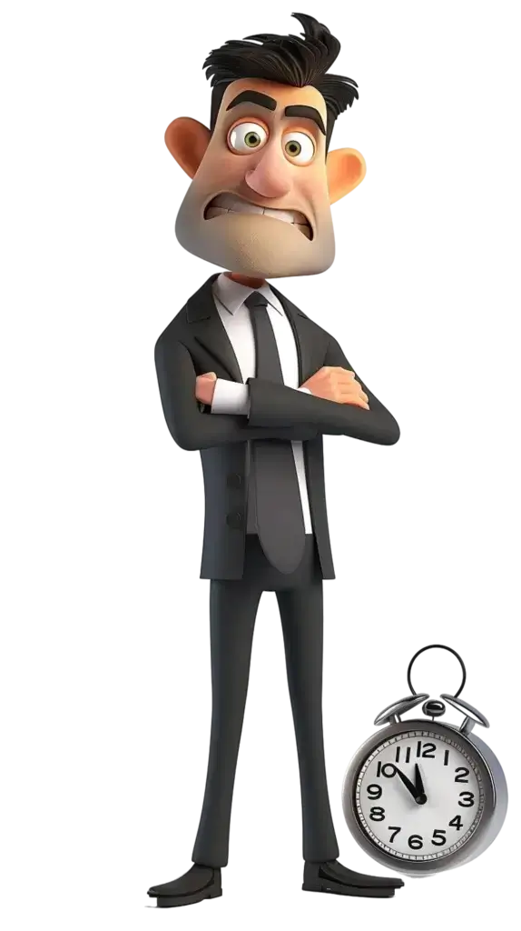 square_4_media Animated man in a suit stands with arms crossed, looking concerned, next to a pocket watch showing the time as 7:20. media_agency square_4_media Animated man in a suit stands with arms crossed, looking concerned, next to a pocket watch showing the time as 7:20. media_agency