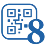 A blue QR code icon partially obscured by a large blue number eight.