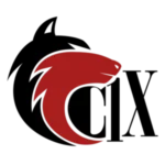 Logo featuring a red and black wolf silhouette integrated with the letters C1X.
