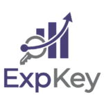 Logo for ExpKey featuring a bar chart with an upward-trending arrow and a stylized key icon.
